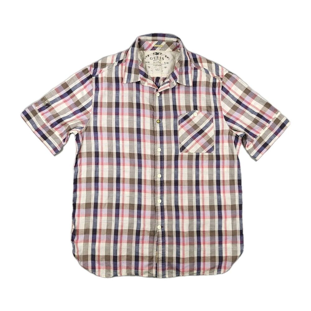 GUESS Men's Slim Fit Short Sleeve Plaid Shirt - Multicolor (Blue/Pink/Gray)